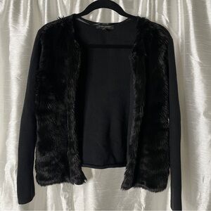 Banana Republic Cardigan Medium Black Faux Fur Knit Open Front Minimalist Y2K